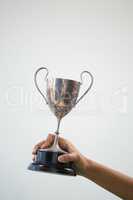 Hand holding a trophy against white background