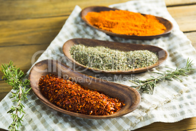 Various type of spice powder and herbs
