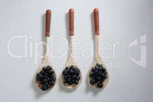 Blueberries arranged in a spoon on white background