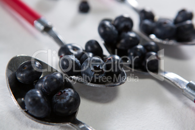 Blueberries arranged in a spoon on white background