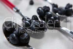 Blueberries arranged in a spoon on white background