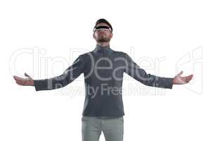 Man gesturing while using virtual reality glasses