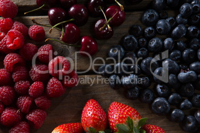 Various fruits on wooden table