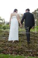 Rear view of couple holding hands and walking on grassy field