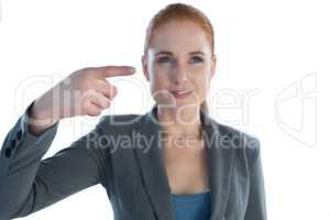 Smiling businesswoman looking away while gesturing