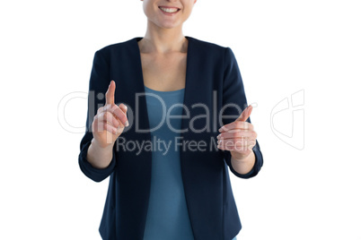 Mid section of happy businesswoman gesturing during presentation