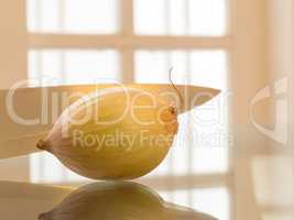 A ripe onion and knife reflected on white background