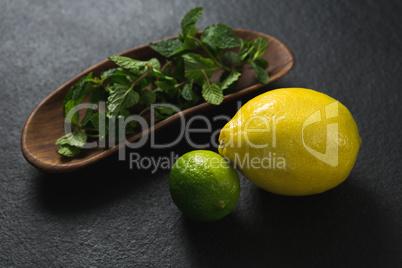 Mint leaf and sweet limes on black background