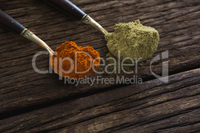 Red chili powder and coriander powder on a wooden table
