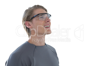 Smiling businessman wearing smart glasses