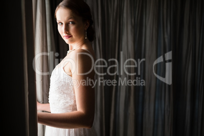 Portrait of beautiful bride standing by window at home