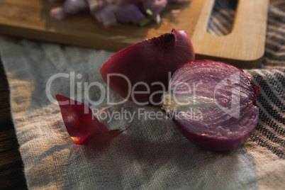 Sliced onion on a napkin cloth