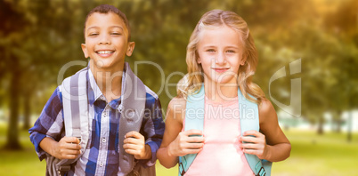 Composite image of portrait of students with backpacks