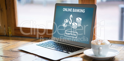 Composite image of online banking text on blue display