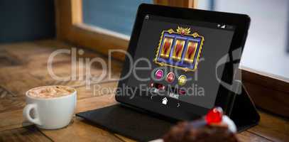 Composite image of slot machine on mobile screen