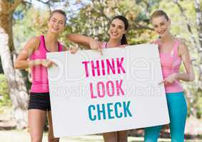Think Look Check text and pink breast cancer awareness women holding card