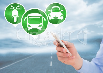 Transport Icons and hand with phone on road
