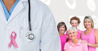 Breast cancer doctor and women with pink awareness ribbons