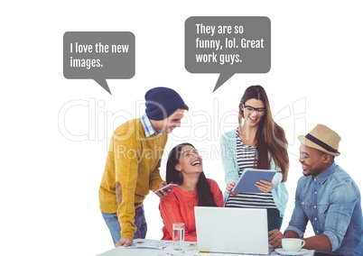 People on computers discussing images in chat bubble at meeting