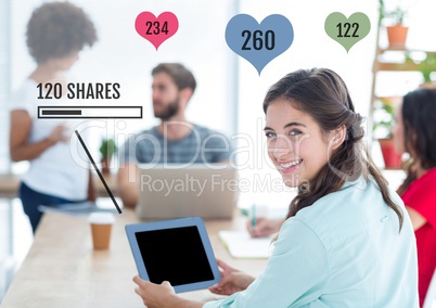 People on tablet at meeting with Shares and likes status bars