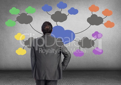 Businessman and Colorful mind map over grey background