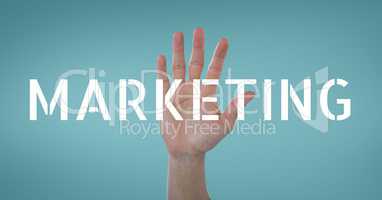 Hand interacting with marketing business text against blue background