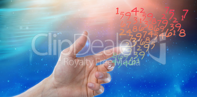 Composite image of hand of man pretending to touch an invisible screen