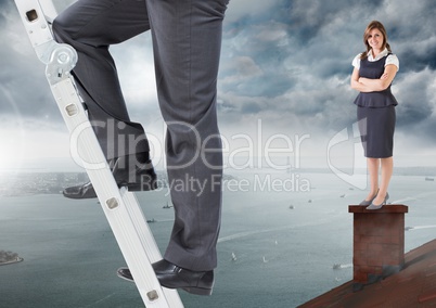 Businessman climbing ladder and Businesswoman standing on Roof with chimney and cloudy city port