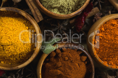 Various spice powder in wooden bowl