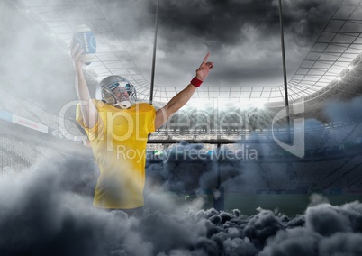 american football player in stadium with smoke