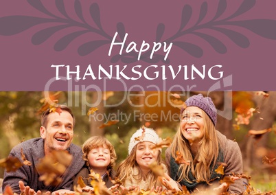 Happy thanksgiving text with family in Autumn leaves