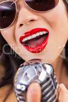 Close Up Woman Singing Mouth & Vintage Microphone