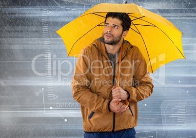 Man with umbrella and tech interface in motion
