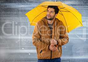 Man with umbrella and tech interface in motion