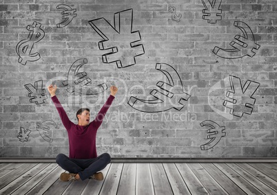 man cheering in front of money on wall