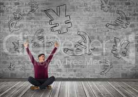 man cheering in front of money on wall