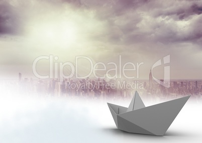 Paper boat in cloudy city