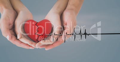 Heart beat over hands holding heart