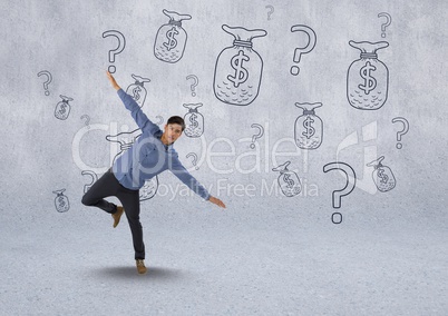 man standing on one leg in front of money on wall