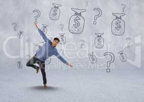 man standing on one leg in front of money on wall