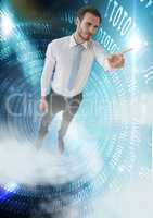 Businessman floating in tunnel of binary technology and touching light
