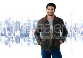 Man wearing coat with bright  city background