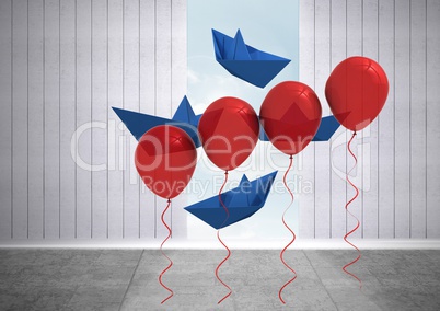 Paper boats with balloons in room