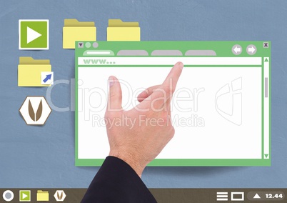 Hand touching Website window and Folder and files icons on Paper cut out desktop
