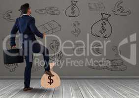 businessman in front of money on wall