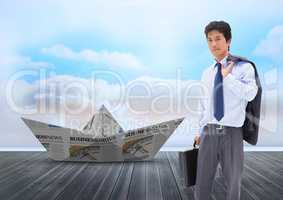 Paper boat with businessman in sky