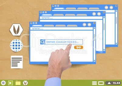 Hand touching Many Website search box windows on Paper cut out desktop