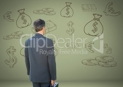 Woman in front of money on wall