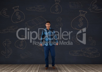 broke man  in front of money on wall