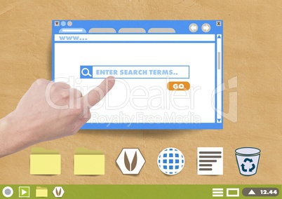 Hand touching Website search box window and Folder and files icons on Paper cut out desktop